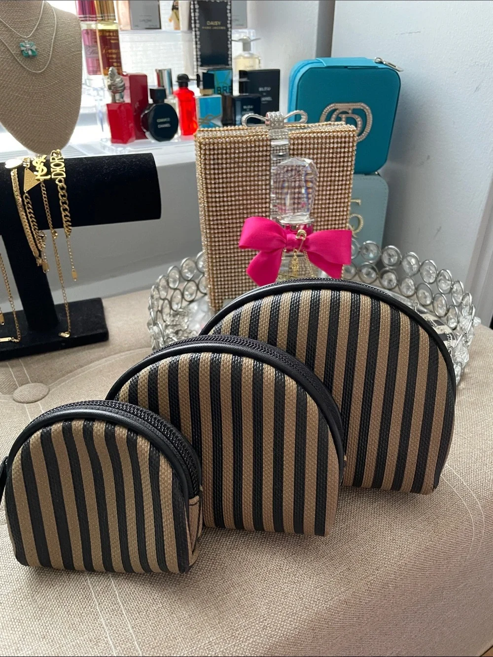 ✨🖤Striped Black & Tan Travel Pouch Set - 3 Piece🖤✨NEW